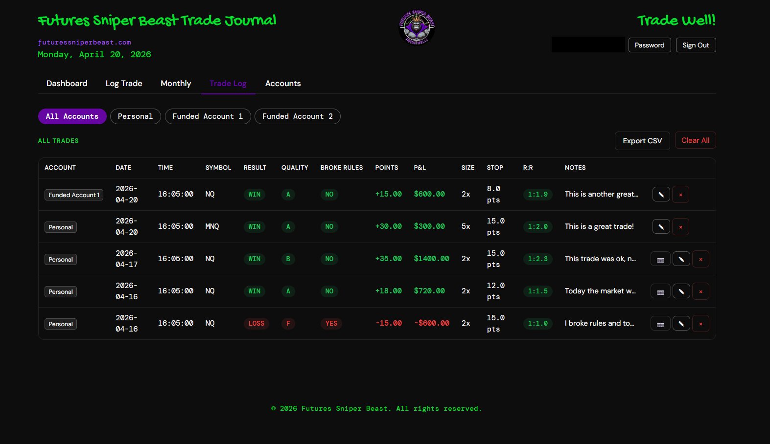 FSB Trade Journal Trade Log